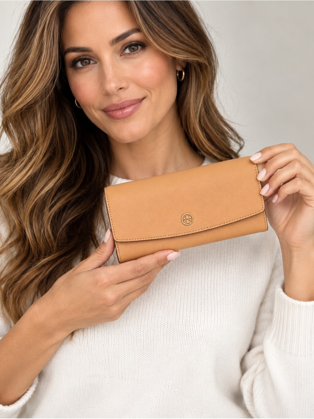 Tory Burch Peach/Tan Leather Continental Wallet with Logo Snap
